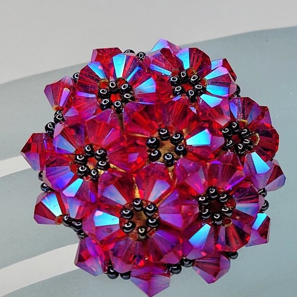 Fuchsia Sparkling Crystal Ring Bicone Beads Cluster Ring Glitter Stretch Ring - Picture 3 of 9